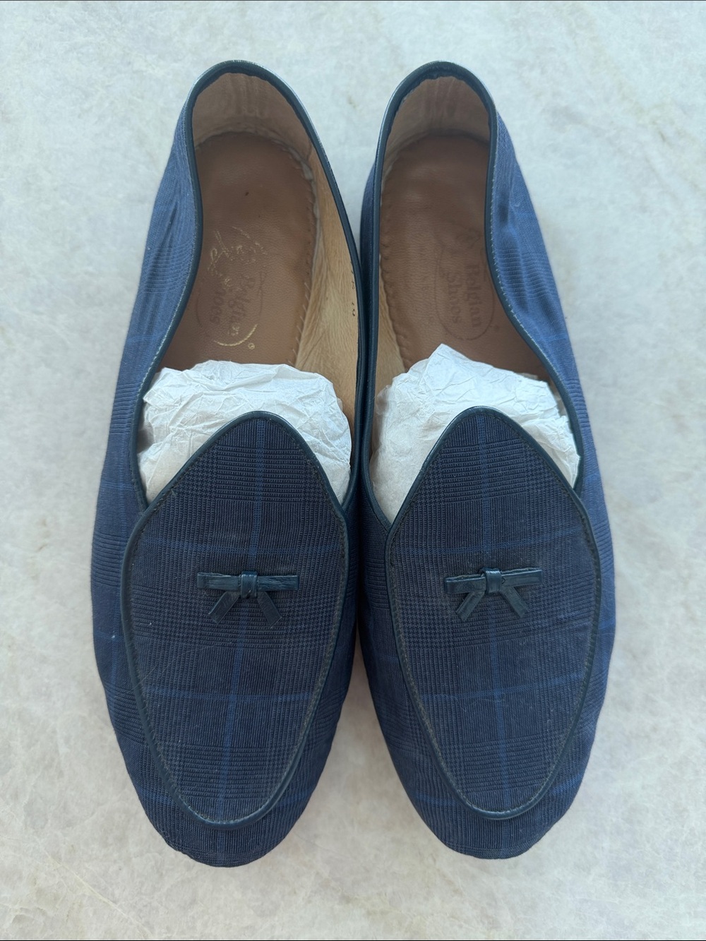 Men's Navy Plaid Loafers with Bow Accent